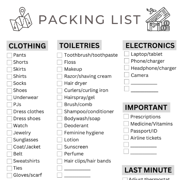 Packing list black and white